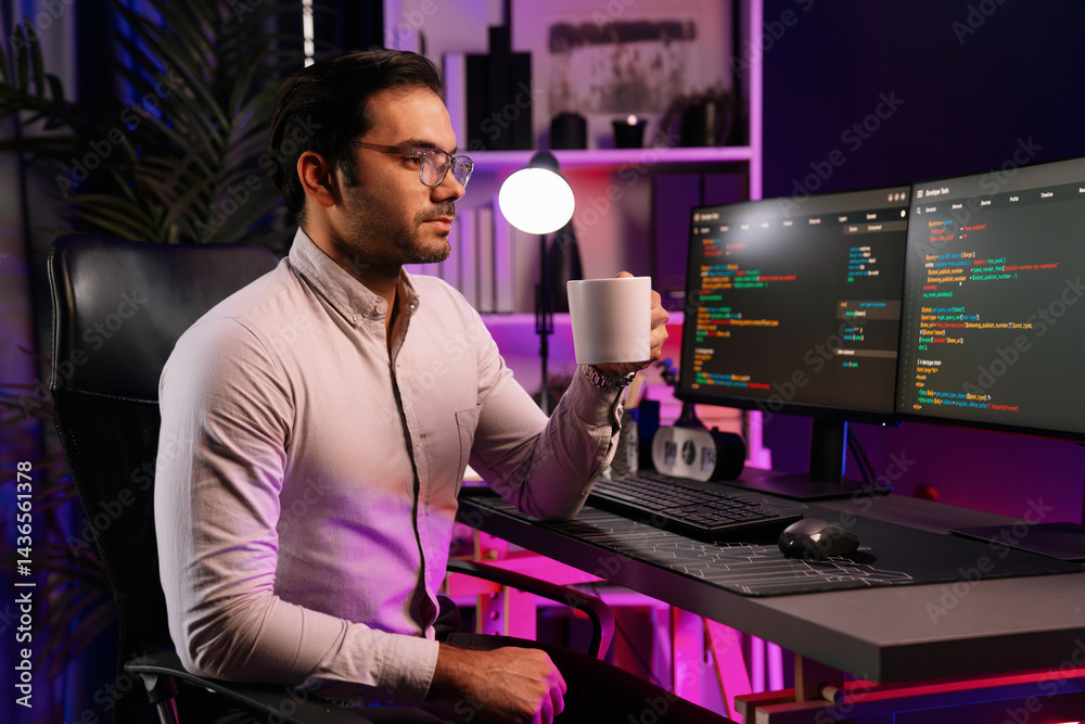 Poster smart it developer holding coffee cup with software development coding on pc screen pose on camera l