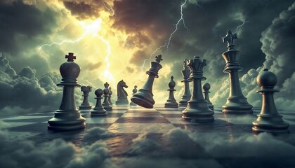 Chess Battleground: Dramatic composition depicts a tense chess match on a chessboard set amidst a stormy sky. Dramatic lighting creates a powerful contrast. 