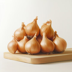A bunch of shallots neatly stacked on a light-colored wooden surface
