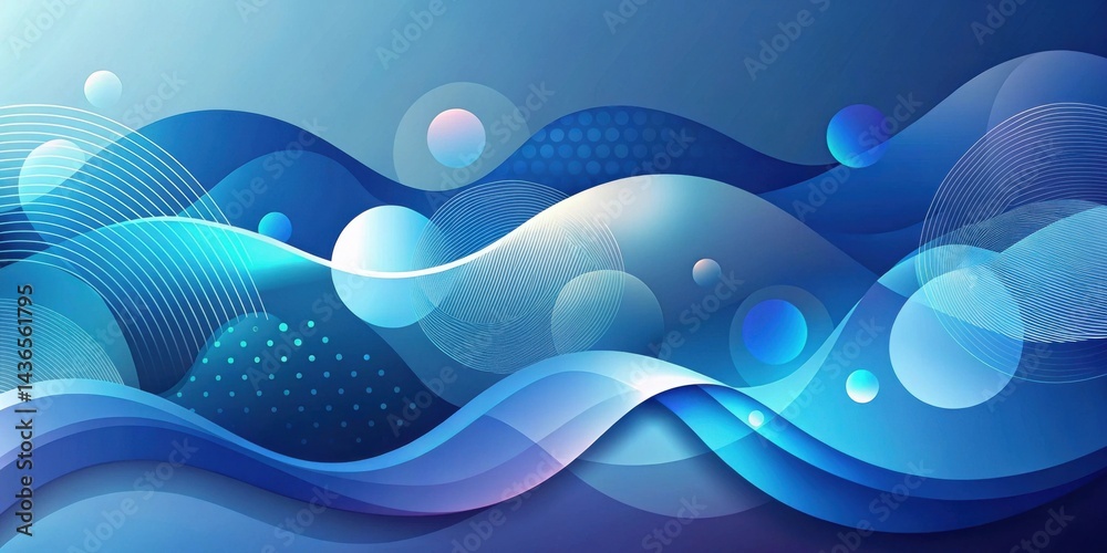 Poster abstract blue wave design with circles and lines, ideal for modern backgrounds and presentations