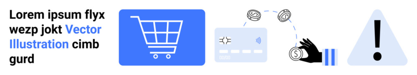Shopping cart, payment card, money transfer, and warning sign symbolize e-commerce, transaction security, financial alerts. Ideal for online stores, fintech, security retail UI design simple