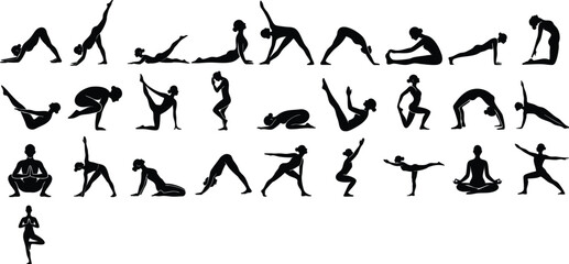 Minimalist Yoga Poses Silhouettes in Black and White for Wellness and Fitness