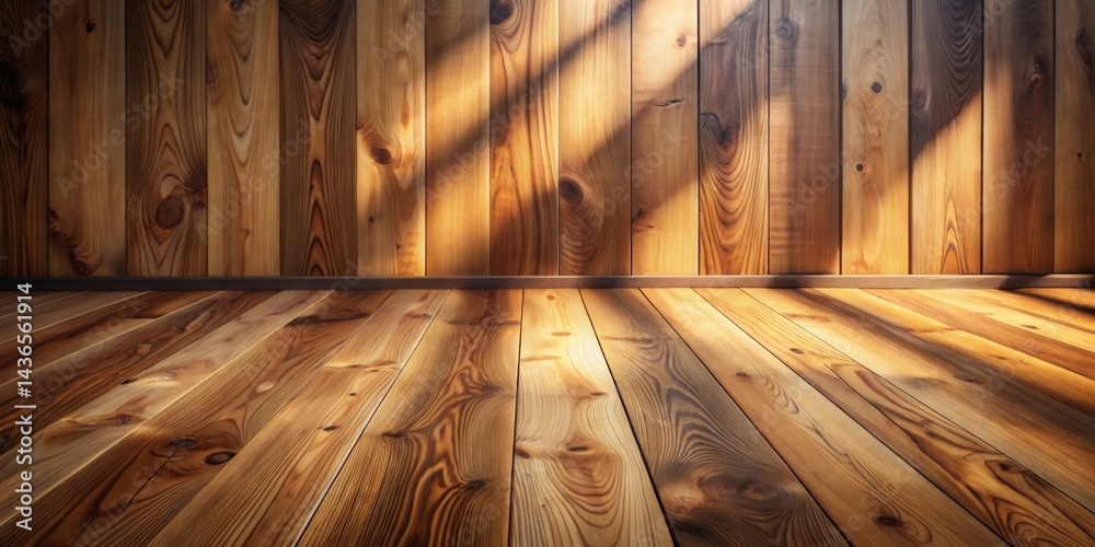 Poster warm sunlight illuminates a rustic wooden room with a smooth planked floor and vertical walls