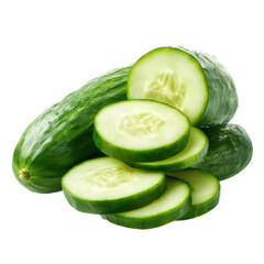 Fresh green cucumbers whole and sliced healthy food diet ingredient on transparent background