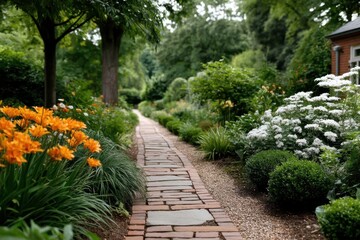 Colorful flowers line a charming garden path surrounded by lush greenery in a serene outdoor setting