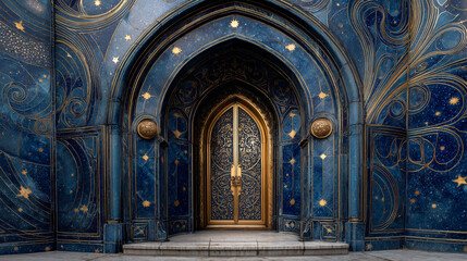 Fototapeta premium Ornate golden door set within a blue archway with celestial star and swirl designs on the walls