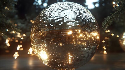 Obraz premium Sparkling Golden Disco Ball Surrounded by Lights in Forest Setting