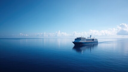 Obraz premium large cruise ship quietly sails on calm ocean under clear blue sky with abundant copy space