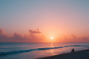 lone musician plays reggae on quiet beach at sunset guitar in hand with serene golden light