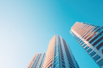 Fototapeta premium minimalist cityscape showcasing towering apartment buildings with ample blue sky providing copy space