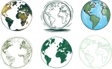Hand-Drawn Earth Globe Variations – Sketch and Watercolor Style