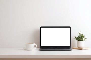 Fototapeta premium minimalist workspace setup on clean white desk featuring laptop open with blank screen cup of steaming coffee nearby