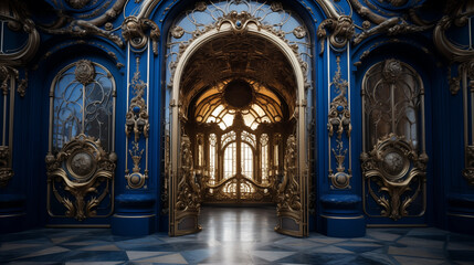 Obraz premium Blue and Gold Rococo Interior Ornate Doorway to Grand Hall