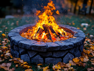 A bonfire burns brightly within a stone fire pit surrounded by autumn leaves