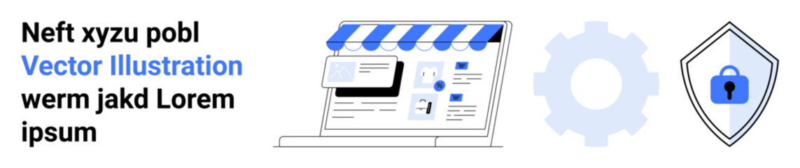 Open laptop with storefront awning, gear icon, and padlock shield imply e-commerce, security, and efficiency. Ideal for online shop setup, cybersecurity themes, and flat landing page banner