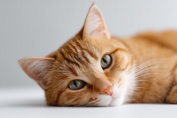 minimalistic image of relaxed cat lying on seamless white surface