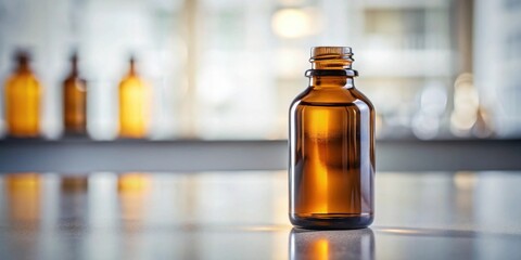Amber glass bottle on a reflective surface with blurred background of similar containers