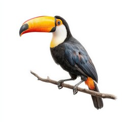 Naklejka premium Colorful Toucan Perched on Branch, White Background.
