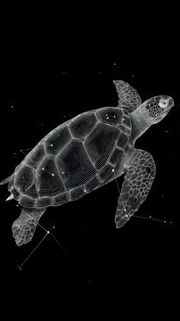 Sea turtle rendered in a pointillist style against a black background, illuminated with white light, creating a celestial effect. Geometric lines suggest constellations.