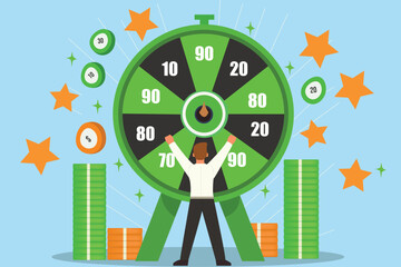 Man with casino. Young guy stands near multicolored roulette wheel. Game for luck and fortune. Person with gambling. Winner with prize. Linear vector illustration