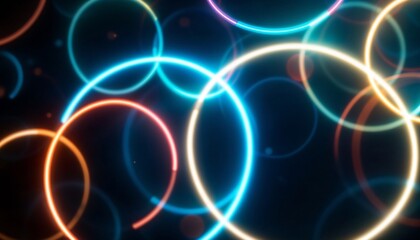 Obraz premium Neon Light Rings: A vibrant display of luminous, neon light rings float against a deep black backdrop, creating a captivating visual spectacle.