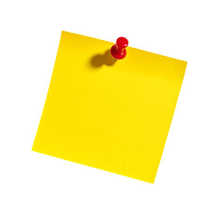 Yellow sticky note, red pushpin, blank memo, isolated on transparent background