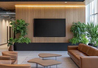 Modern Office Lounge Interior with Brown Leather Sofas and Large TV