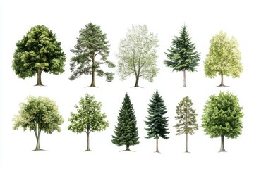 Fototapeta premium Collection of varied tree illustrations against a plain white space