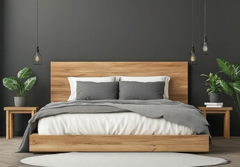Modern Rustic Bedroom Interior with Wooden Bed and Gray Bedding