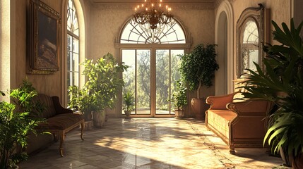 Fototapeta premium Luxury Interior Hallway with Large Windows for Elegant Home Decor