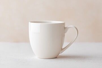 single ceramic mug sits on plain tabletop isolated against bright neutral background