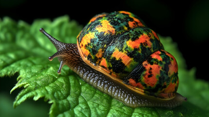 Vibrant snail with orange green and black shell crawling on a lush green leaf