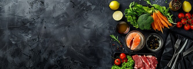 Healthy meal diet plan daily ready menu black background, fresh dishes in paper boxes, smoothie, fork knife on paper eco bag as food delivery service at home in office, flat lay, website photo banner.