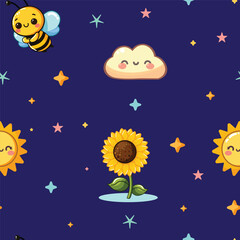 Vector illustration of cute cartoon seamless pattern of bees in style with clouds and suns