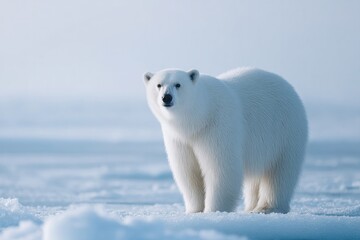 solitary polar bear stands on vast expanse of arctic ice creating striking minimalistic image