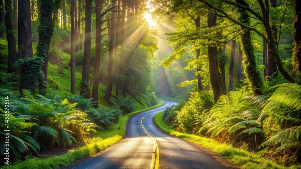 Aufkleber sunlit path winding through a verdant forest of lush greenery and towering trees
