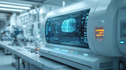 Futuristic laboratory equipment with digital displays and white casings in a sterile environment.