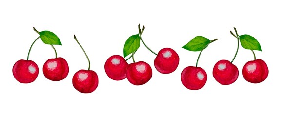 Set of illustrations with branches of juicy red cherries green leaves on a white background, made in watercolor technique. Bright and summery design. 
