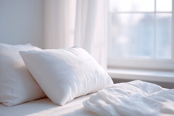 white bedroom with simple bed linen sheets and open window drapes