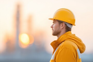 engineer in protective gear stands before blurred oil refinery backdrop exuding confidence with subtle determination