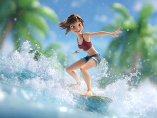 Fototapeta premium 3D animated surf character shredding a foamy wave in a tropical beach setting, palm trees in the blur and wide smile on her face