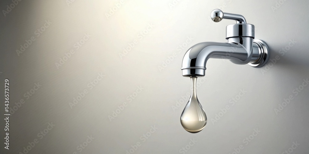 Aufkleber a single drop of water falling from a chrome faucet against a neutral background, symbolizing conser
