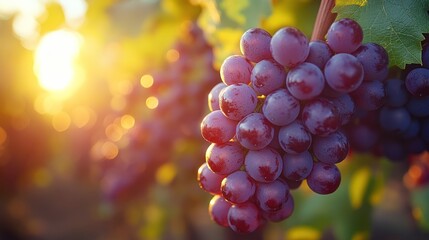Bunch of grapes on vine with sunlight shining through leaves.