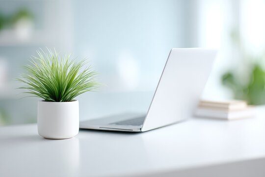 uncluttered home office desk with laptop and potted plant exemplifying modern remote working setups