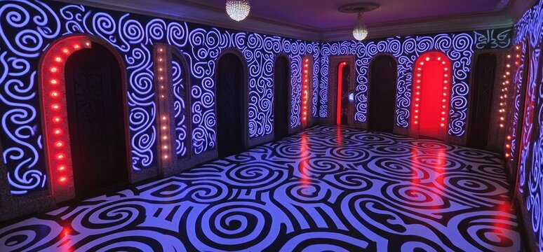 Psychedelic corridor interior design, glowing arches, swirling floor, night. Use Interior design, fantasy