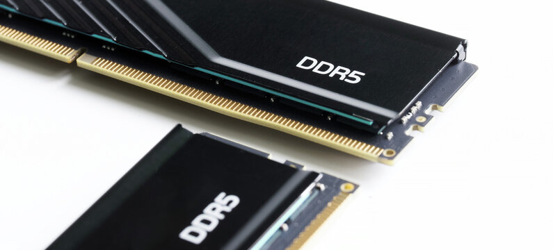 Close-up of DDR5 computer memory modules on a white background, ideal for PC assembly guides, chip installation tutorials, and hardware upgrade articles. Photo