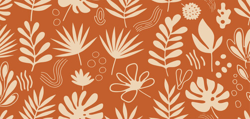 Vector seamless pattern in simple floral wavy and groovy naive style, flowers and plants, floral botanic
