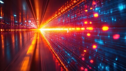 Abstract futuristic tunnel with glowing lights and reflections.