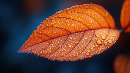 Orange leaf with water droplets on a dark blurred background close up.