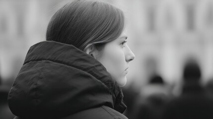 capture striking contrast with foreground subject against blurred background of people to emphasize dichotomy offering